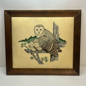 Art vintage framed barn owl and babies fabric puffed pillowed boho gallery wall